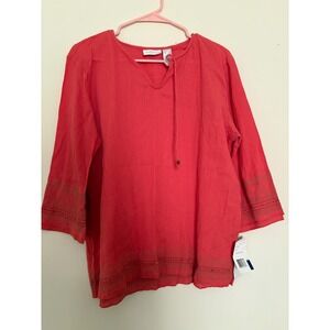 Liz Claiborne Lizsport Red Cotton Gauze Embroidered Tunic Top LSMU5679 Womens L